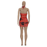 Women Printed Cross Halter Neck Dress