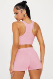 Women casual solid ridbbed top and short two-piece set