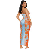 Women spring/summer printed mesh see-through strawless dress