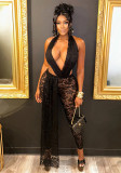 Women Spring/Summer Cross-Strap Halter Neck Sexy Backless See-Through Lace Jumpsuit