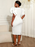 Plus size Women white V-neck Elegant Bodycon Dress with Ruffled Sleeves