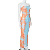 Women spring/summer printed mesh see-through strawless dress