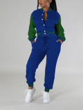 Women Patchwork Baseball Top and Pant Two-Piece Set