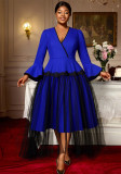 Plus Size Women Color Block V-Neck Bell Bottom Sleeve Lace Mesh Formal Party Dress