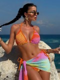 Women Sexy Color Block Backless Strappy Bikini Swimsuit Three-Piece Set