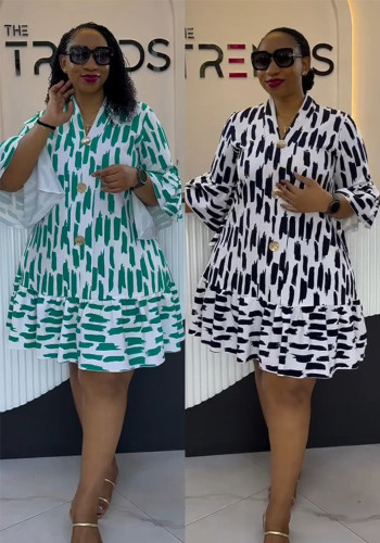 Women Elegant Casual Print Patchwork Ruffle Half-Sleeve Dress