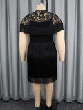 Plus Size Women Black Tassel Lace Cape Suspender Formal Party Dress