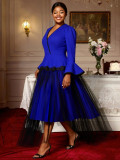 Plus Size Women Color Block V-Neck Bell Bottom Sleeve Lace Mesh Formal Party Dress