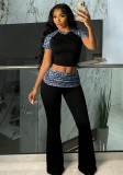 Women Spring Printed Patchwork Sexy Casual Top and Pants Two-Piece Set