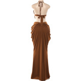 Women Spring Halter Neck Strappy Lace Sequin Sexy Backless Slit Dresses