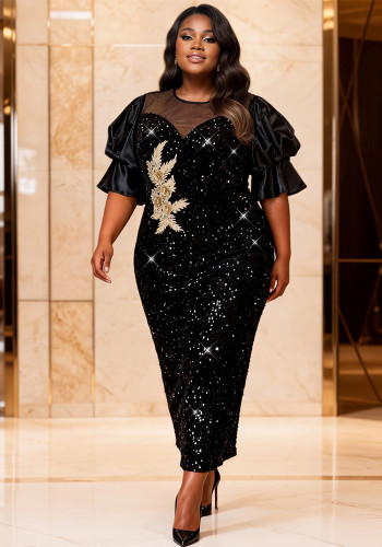 Plus Size Women Black Sequined Puff Sleeve Floral Embroidery Formal Party Dress
