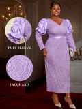 Plus Size Women Light Purple Jacquard Puff Sleeve Formal Party Elegant Maxi Dress