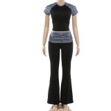 Women Spring Printed Patchwork Sexy Casual Top and Pants Two-Piece Set