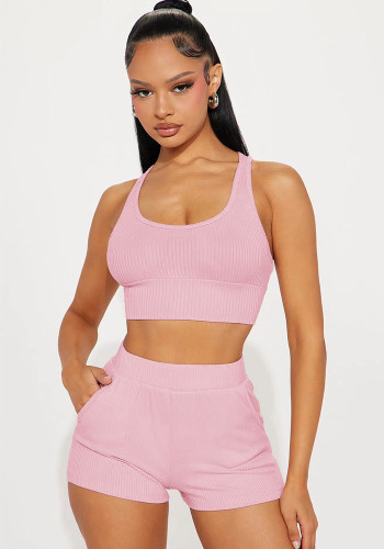 Women casual solid ridbbed top and short two-piece set