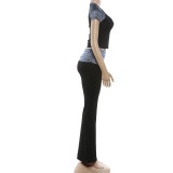Women Spring Printed Patchwork Sexy Casual Top and Pants Two-Piece Set