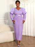 Plus Size Women Light Purple Jacquard Puff Sleeve Formal Party Elegant Maxi Dress