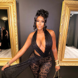Women Spring/Summer Cross-Strap Halter Neck Sexy Backless See-Through Lace Jumpsuit