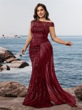Plus Size Women Elegant Sequin Patchwork V-neck Sleeveless Evening Dress