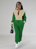 Women Patchwork Baseball Top and Pant Two-Piece Set