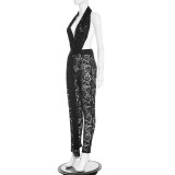 Women Spring/Summer Cross-Strap Halter Neck Sexy Backless See-Through Lace Jumpsuit