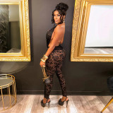 Women Spring/Summer Cross-Strap Halter Neck Sexy Backless See-Through Lace Jumpsuit