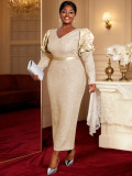 Plus Size Women Light Purple Jacquard Puff Sleeve Formal Party Elegant Maxi Dress