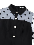 Plus Size Women Black and White Polka Dot Puff Sleeve Shirt Collar Bodycon Dresses