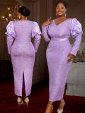 Plus Size Women Light Purple Jacquard Puff Sleeve Formal Party Elegant Maxi Dress