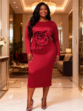 Plus Size Women Floral Pearl Rose Long-Sleeved Elegant Bodycon Dress