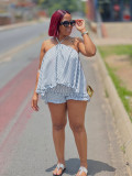 Women Elegant Halter Neck Sleeveless Striped Top and Shorts Two-Piece Set