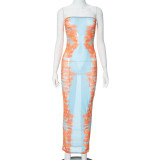 Women spring/summer printed mesh see-through strawless dress