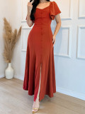 Women Ruffle Sleeve Casual Elegant Button-Up Slit Dress