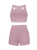 Women casual solid ridbbed top and short two-piece set