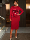 Plus Size Women Floral Pearl Rose Long-Sleeved Elegant Bodycon Dress
