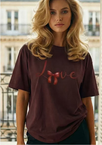 Women Cotton Short-Sleeve Bow Print Top T-Shirt