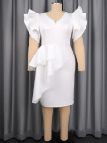 Plus size Women white V-neck Elegant Bodycon Dress with Ruffled Sleeves