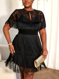 Plus Size Women Black Tassel Lace Cape Suspender Formal Party Dress