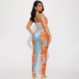 Women spring/summer printed mesh see-through strawless dress