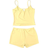 Women Summer Solid Casual Camisole Top and Two-piece Shorts Set