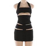 Women Summer Sexy Hollow Out Patchwork Solid Halter Neck Dress