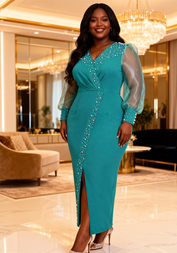 Plus Size Women Lake Green Pearl V-Neck See-Through Slit Formal Party Dress