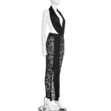 Women Spring/Summer Cross-Strap Halter Neck Sexy Backless See-Through Lace Jumpsuit