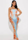 Women spring/summer printed mesh see-through strawless dress
