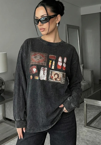 Women American Washed Black Drawstring Long-Sleeve T-Shirt