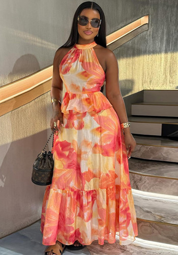 Women Printed Round Neck Casual Sleeveless Maxi Dress