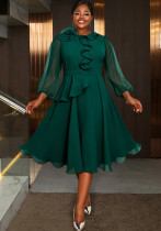 Plus Size Women Long-Sleeved Ruffled Formal Party Elegant Chiffon Dress