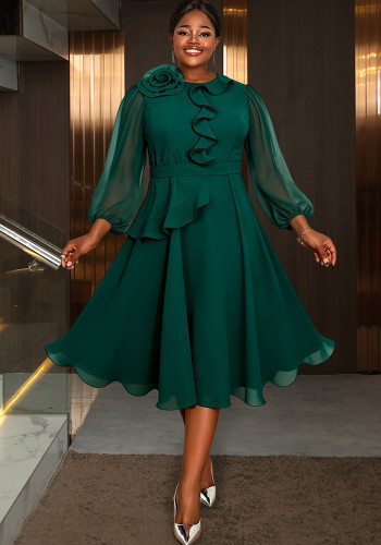 Plus Size Women Long-Sleeved Ruffled Formal Party Elegant Chiffon Dress