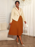 Plus size Women color-blocked long-sleeved turndown pleated office dress