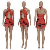 Women Printed Cross Halter Neck Dress