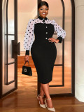 Plus Size Women Black and White Polka Dot Puff Sleeve Shirt Collar Bodycon Dresses